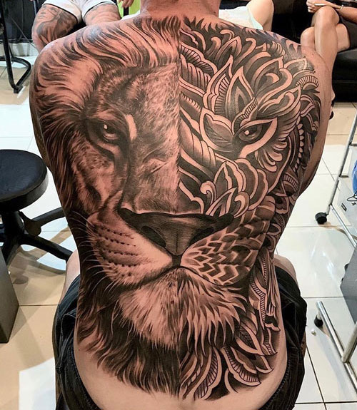 Lion and Flower Back Tattoo