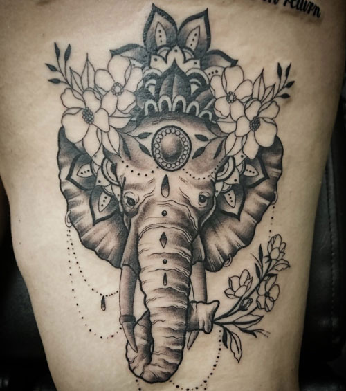 Mandala Elephant Thigh Tattoo