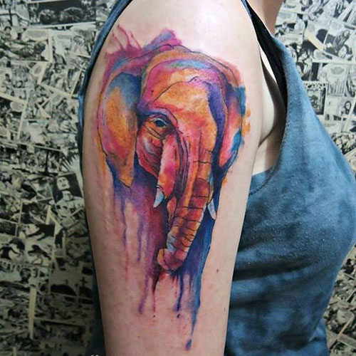 Colorful Elephant Shoulder Tattoo Designs For Women