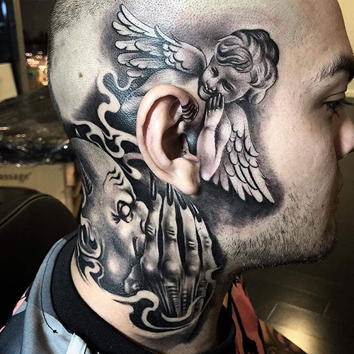 Angel and Devil Whispering Tattoo on Neck