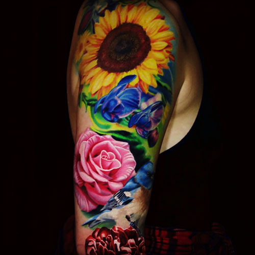 Realistic Sunflower and Rose Tattoo