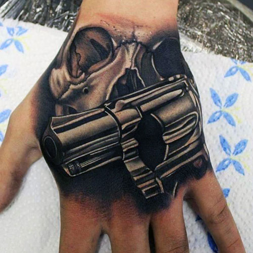 Hand Tattoos For Men - Gun and Skull