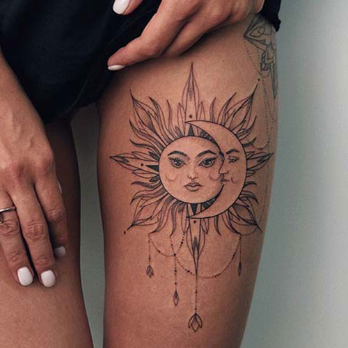 Sun and Moon Thigh Tattoos