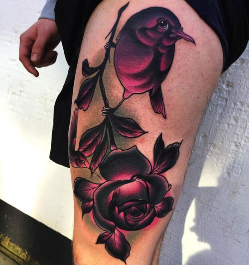 Pretty Flower and Bird Thigh Tattoos