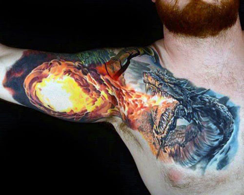 Breathing Fire Dragon Tattoo Design on Chest, Shoulder, Bicep
